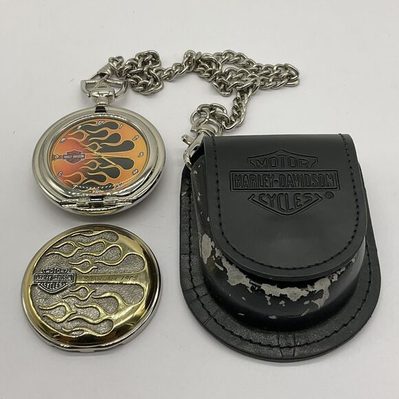 Flames Harley Davidson Pocket Watch Franklin Mint, Broken Case Hinge Please Read - Picture 1 of 16